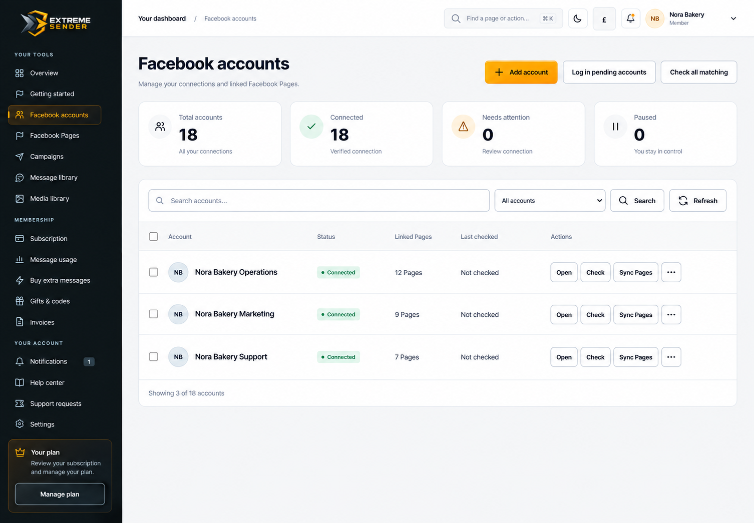 Accounts and Pages screen